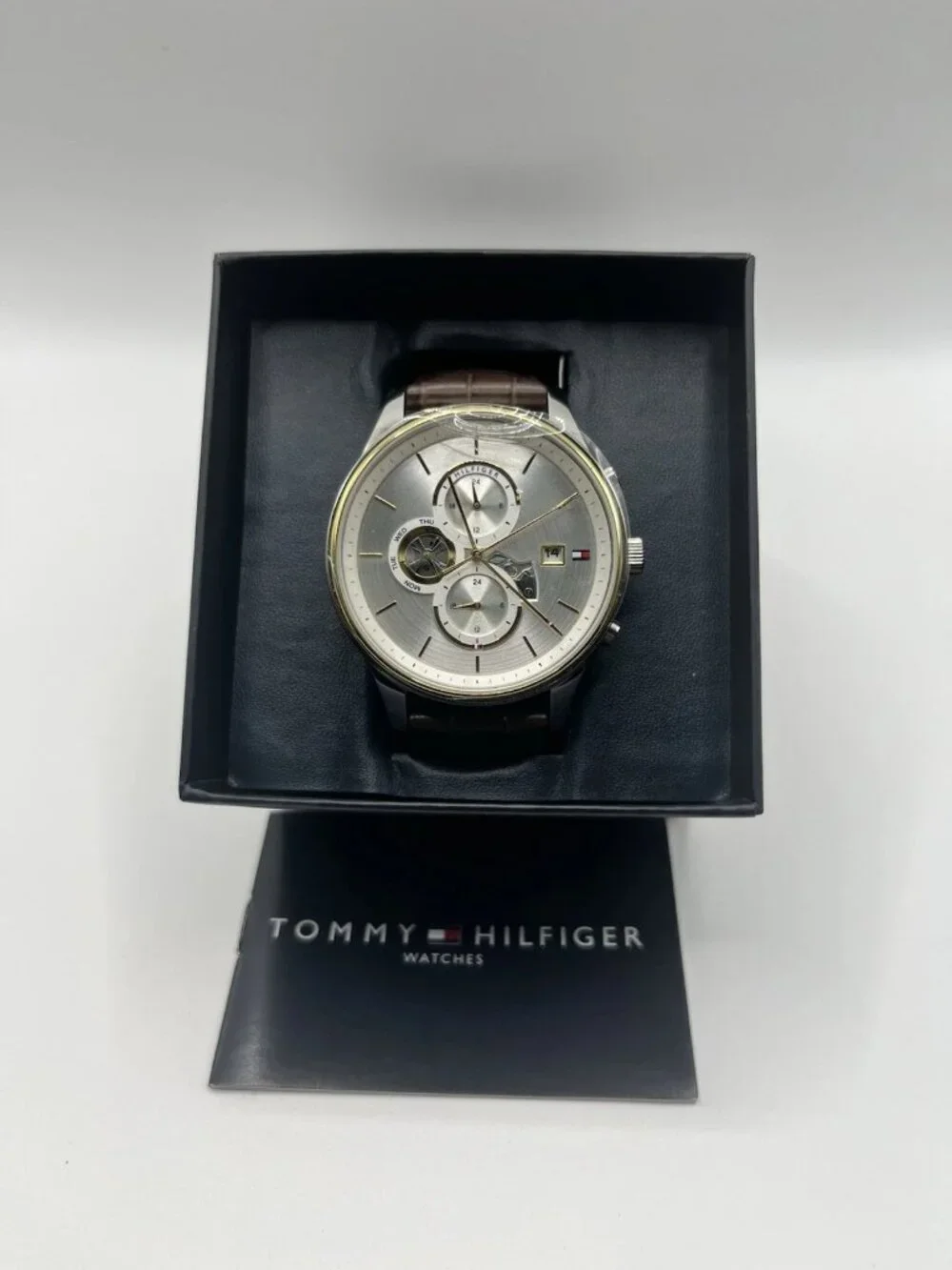 Tommy Hilfiger Men’s Multifunction Watch Silver Dial Brown Leather New-Open Box